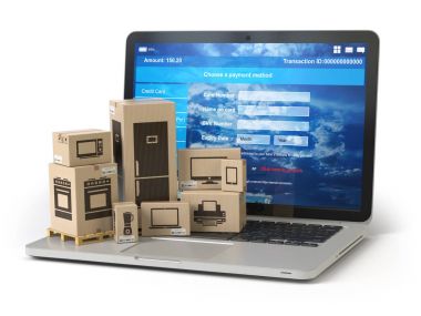 Karton kutular ile Pc laptop klavye üzerinde appliaces. E-Commerce
