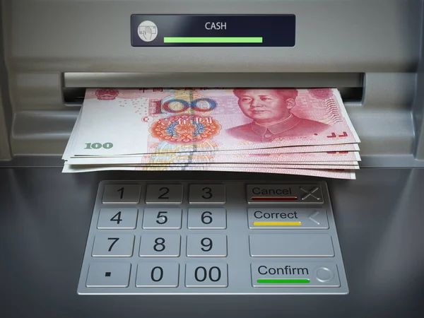 ATM machine and money. Withdrawing yuan banknotes. — Stock Photo, Image