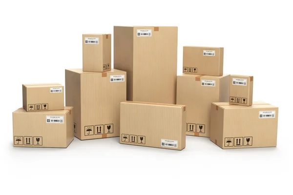 Kartonové krabice, izolované na bílém. Dodávky, nákladní, logistické a — Stock fotografie