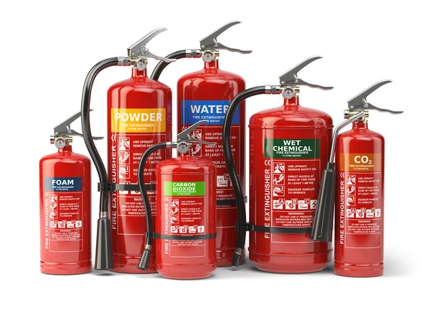 Fire extinguishers isolated on white background. Various types o — Stock Photo, Image
