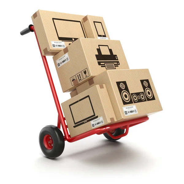 Sale and delivery of computer technics concept. Hand truck and c — Stock Photo, Image