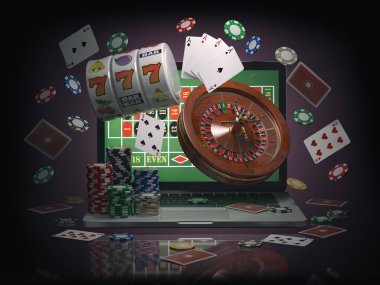 Online casino kavramı. Laptop ile rulet, slot makinesi, Caşın