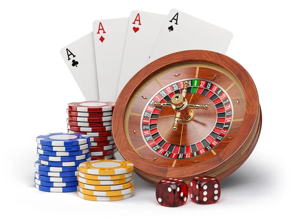 Casino o gambling concept. Roulette, casino chips, cards and dic — Stock Photo, Image