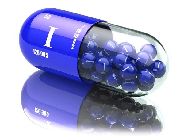 Jód én elem tabletták. Étrend-kiegészítők. Vitamin kapszula. — Stock Fotó