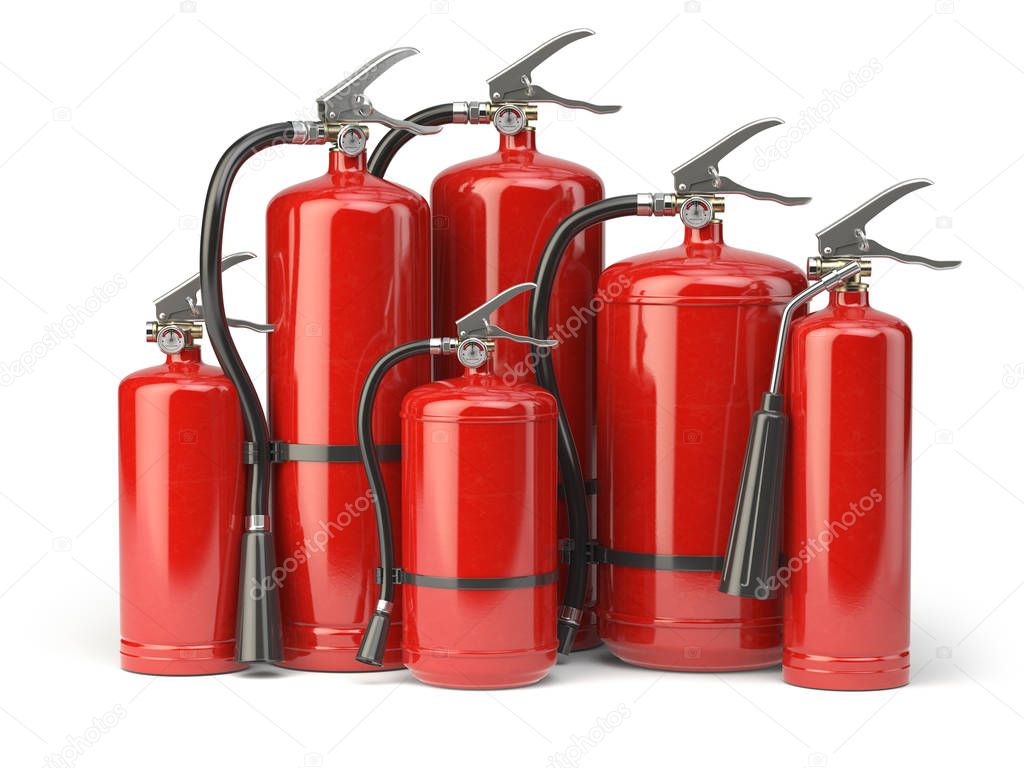 Fire extinguishers isolated on white background. Various types o