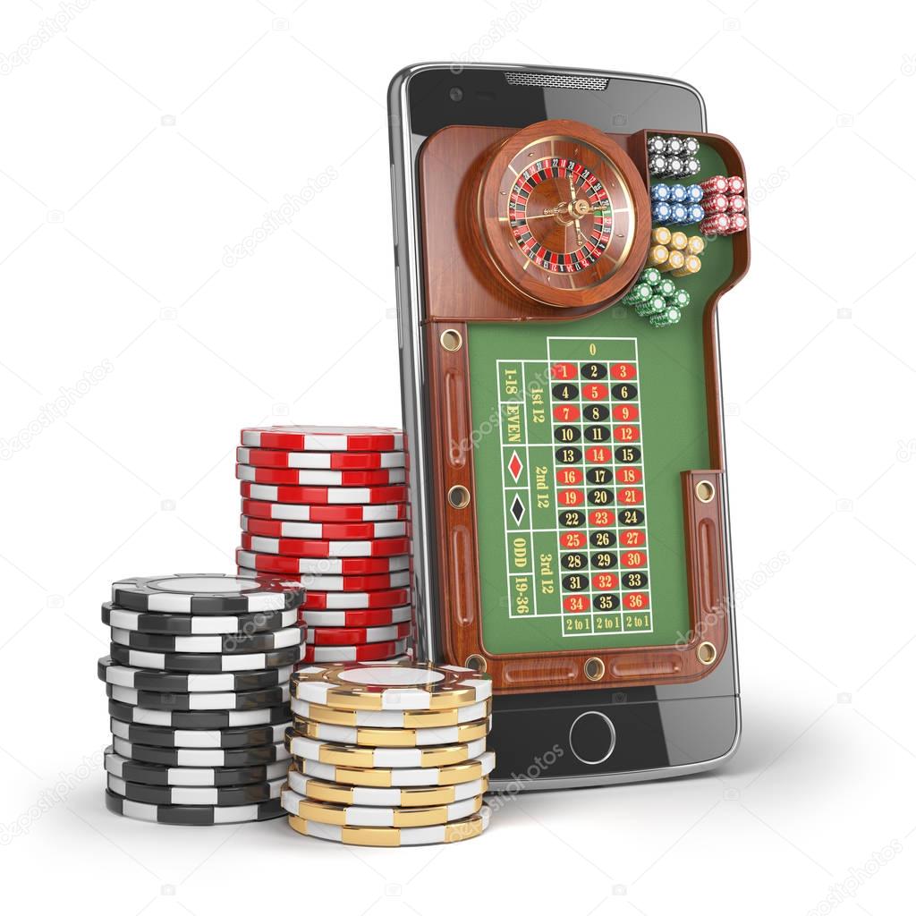Online casino concept. Mobile phone with roulette and casino chi
