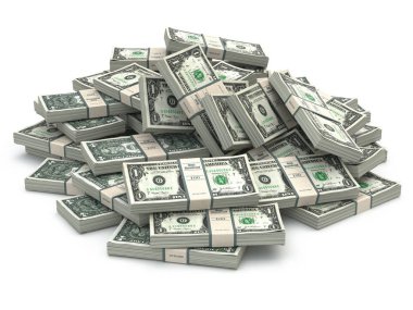 Doları paketleri üzerinde beyaz izole banknotlar yığın.