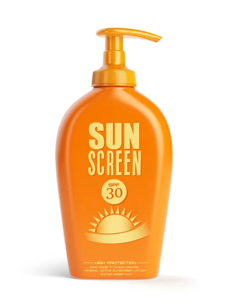 Crème solaire, contenants d'huile et de lotion. Protection solaire et — Photo