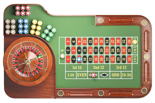 Rueda de ruleta de casino con fichas de casino en mesa verde aislada — Foto de Stock