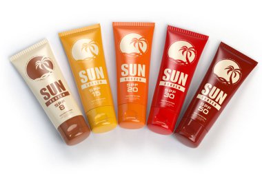 Güneş kremi, yağı ve losyon kapları ile farklı spf ekran.