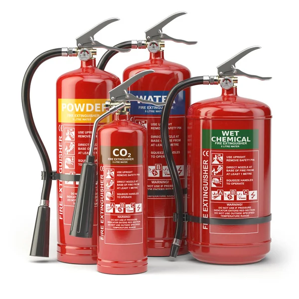 Fire extinguishers isolated on white background. Various types o — Stock Photo, Image