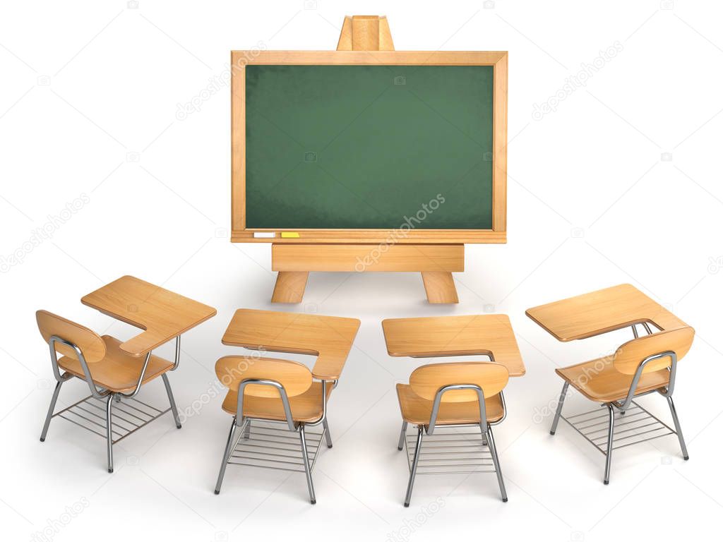 School classroom. Empty chalkboard and school desks isolated on 