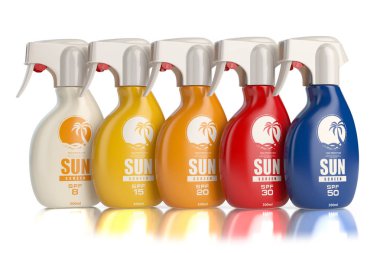 Güneş kremi, yağı ve losyon kapları ile farklı spf ekran.