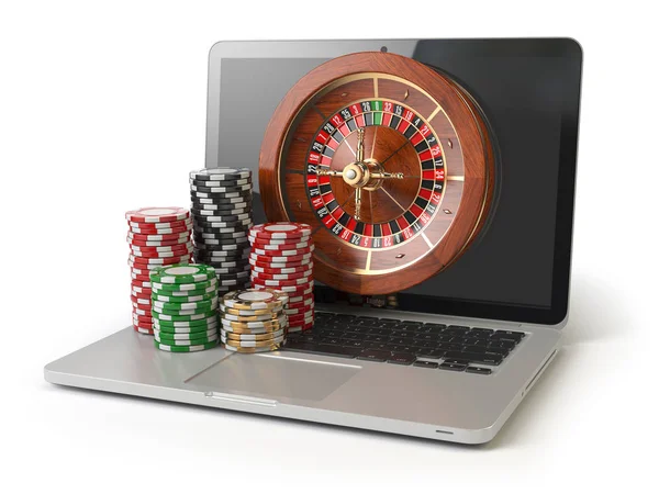 Концепция онлайн-казино рулетки. Ноутбук с рулеткой и казино Стоковое Фото