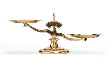 Altın denge üzerinde izole beyaz arka plan ölçekler.