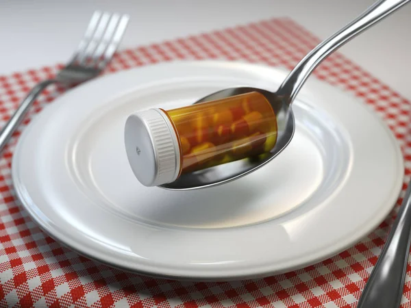 Pills in the plate with fork and spoon. Pharmacy diet nutrition — Stock Photo, Image