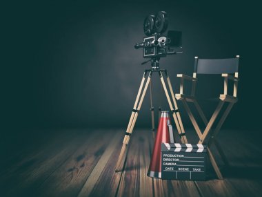 Video, Film, sinema kavramı. Retro kamera, Klaket ve yönetmen koltuğu. 3D