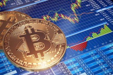 Altın Bitcoins merdiven grafik arka planı. Fiyat büyüme grafiği