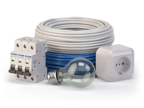 Kabel elektryczny, żarówki laight, wyłącznik i gniazdko na białym tle — Zdjęcie stockowe