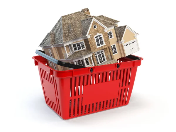 房子是在一个购物篮。房地产市场的概念. — 图库照片