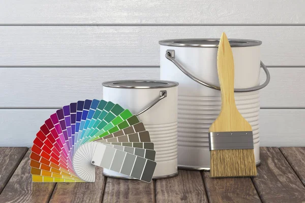 Festék festeni kanna, ecset és a színek palettán a fa asztal. — Stock Fotó