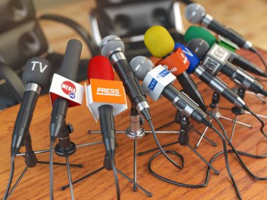 Press conference or interview concept. Microphones of different mass media, radio, tv and press prepared for conference meeting. clipart
