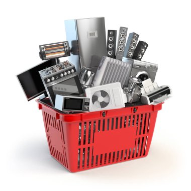 Mutfak aletleri alışveriş sepetindeki. Çevrimiçi e-ticaret kavramı.