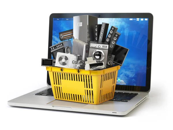 電子商取引オンライン ショッピングまたは配信のコンセプトです。ノート パソコンのキーボードが白で隔離にショッピングカートで家電。3 d — ストック写真