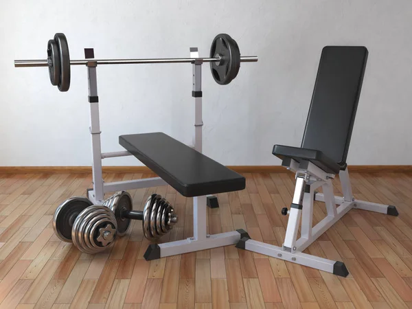 Barbell bench met gewicht halters in het huis. — Stockfoto