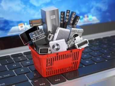 E-ticaret online alışveriş veya teslim kavramı. Ev aletleri laptop klavye üzerinde alışveriş arabası. 3D