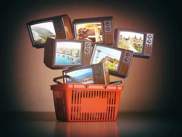 Shopping backet and old TV sets with different channels on the s — Stock Photo, Image