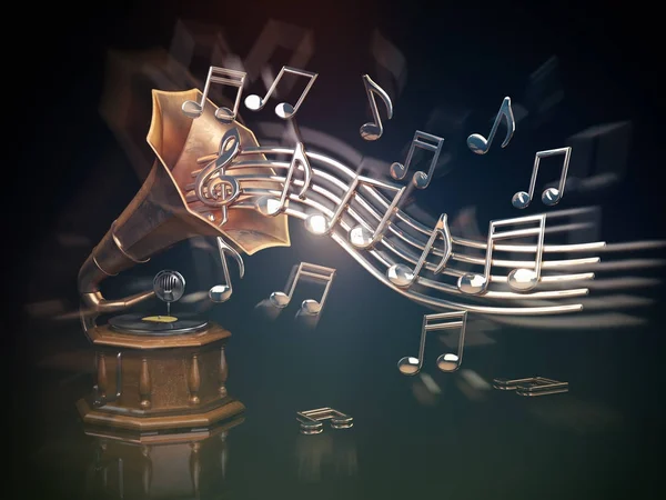 Grammophon mit goldenen Noten. Musik Kunst Hintergrund. — Stockfoto