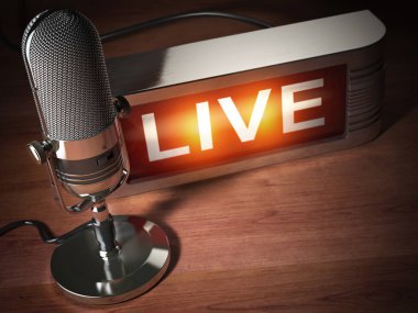 Vintage mikrofon ile tabela canlı. Yayın Radyo stati