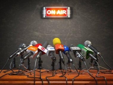 Press conference or interview on air.  Microphones of different  clipart