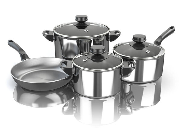 Pots and pans. Set of cooking stainless steel kitchen utensils a