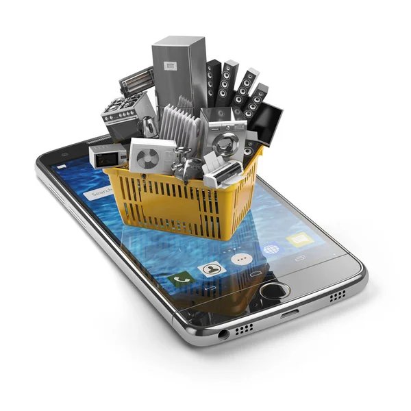 Telefone celular e cesta de compras com eletrodomésticos é — Fotografia de Stock