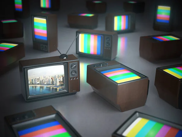 Pile of vintage TV with one in standby. TV channels concept — Stock Photo, Image