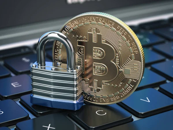 Κρυπτονόμισμα bitcoin νομισμάτων και λουκέτο Κλείδωμα υπολογιστή πληκτρολόγιο — Φωτογραφία Αρχείου