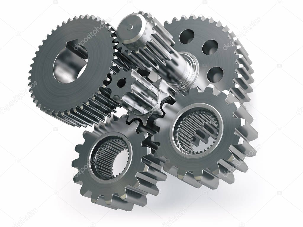 Engine gears wheels and cogwheels isolated on white background