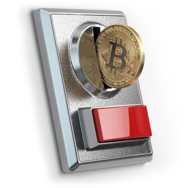 Bitcoin kavramı ile ödeme. Bitcoin madeni para ve izole sikke alıcısı 
