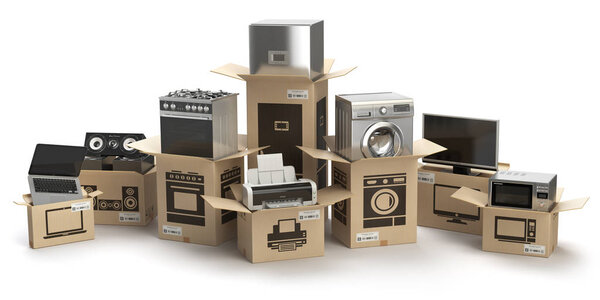 Household kitchen appliances and home electronics in boxes isola
