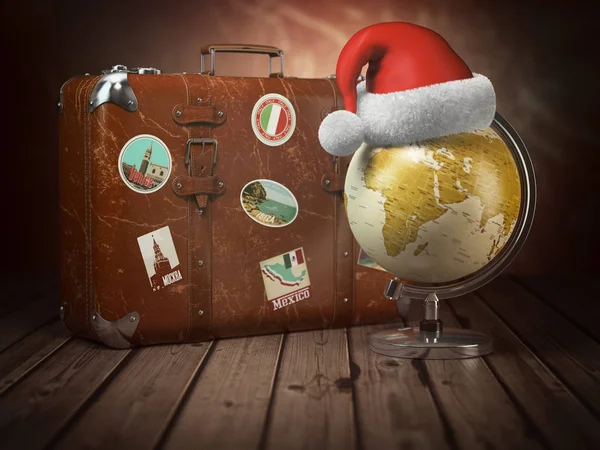 แนวคิดการเดินทางคริสต์มาสหรือปีใหม่ กระเป๋าเดินทางเก่าที่มีโลก — ภาพถ่ายสต็อก