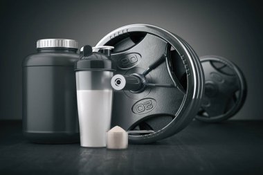 Halter ve peynir altı suyu protein shaker. Spor vücut geliştirme takviyeleri