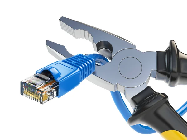 Pliers cutting lan network computer cable. Internet connection d — Stock Photo, Image