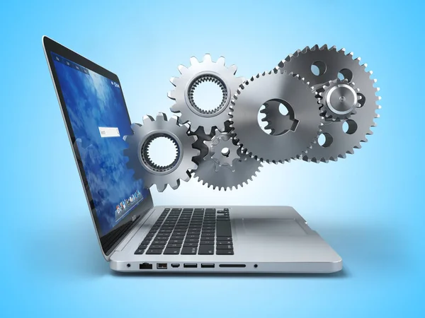 Laptop and gears. Computer technology, online support pc service — Stock Photo, Image