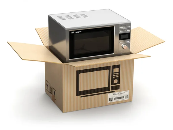 Microwave oven dalam kotak kardus karton. E-commerce, onl internet — Stok Foto