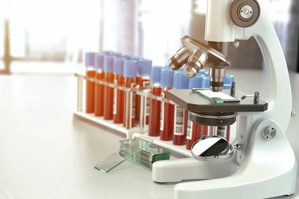 Microscopio tubos de ensayo médicos con muestras de sangre en laboratorio , —  Fotos de Stock