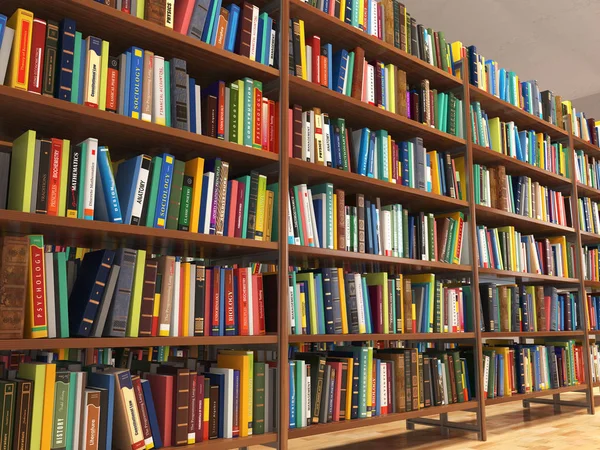 Library stacks of books and bookshelf. — Stock Photo, Image