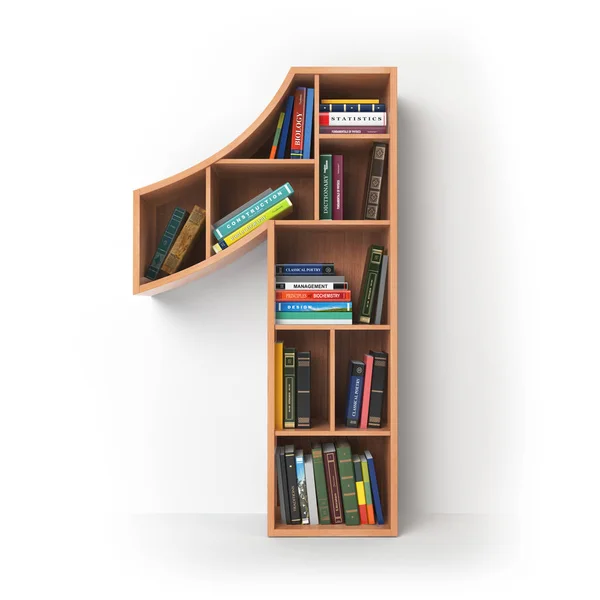 Número um. Alfabeto em forma de prateleiras com livros isolados — Fotografia de Stock