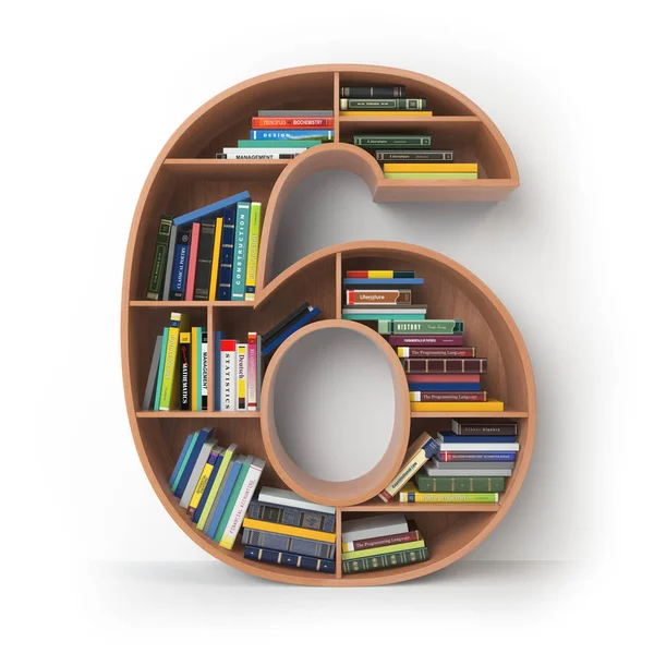 Nummer 6 zes. Alfabet in de vorm van planken met boeken isoleren — Stockfoto